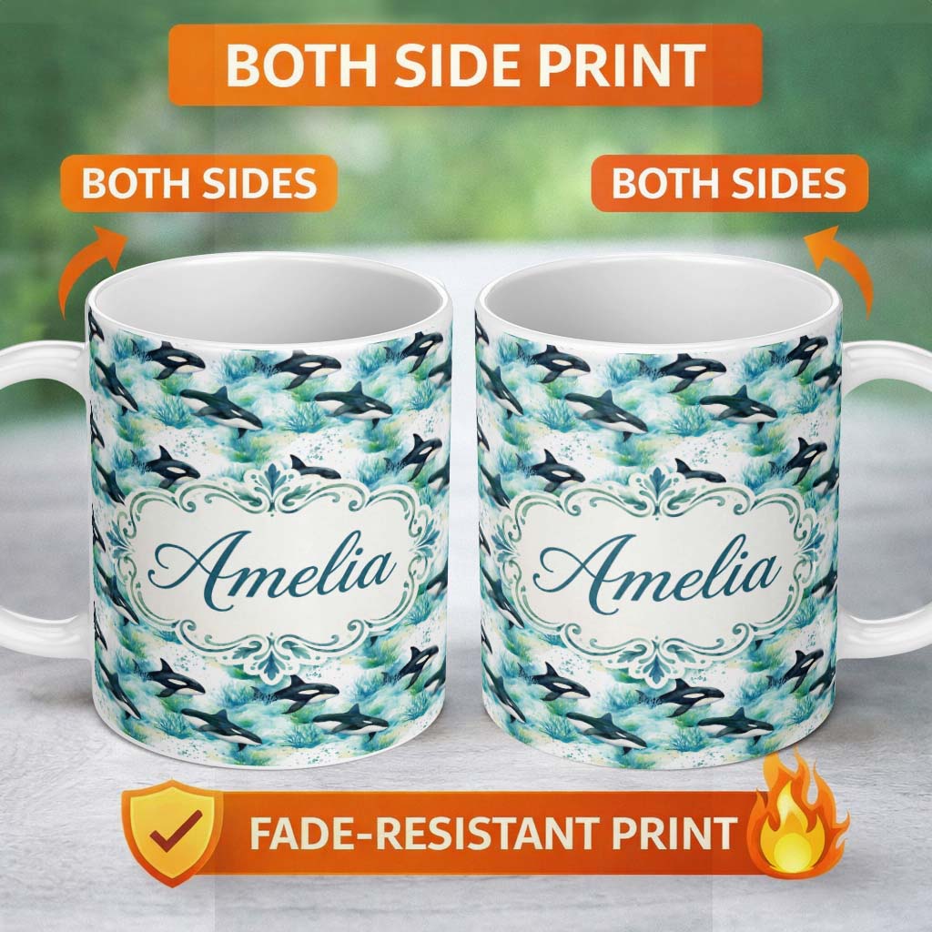 Personalized Custom Name Orca Whale Forest Coastal Seamless Pattern Nature Ocean Fusion 11oz Ceramic Coffee Tea Mug White Large Handle