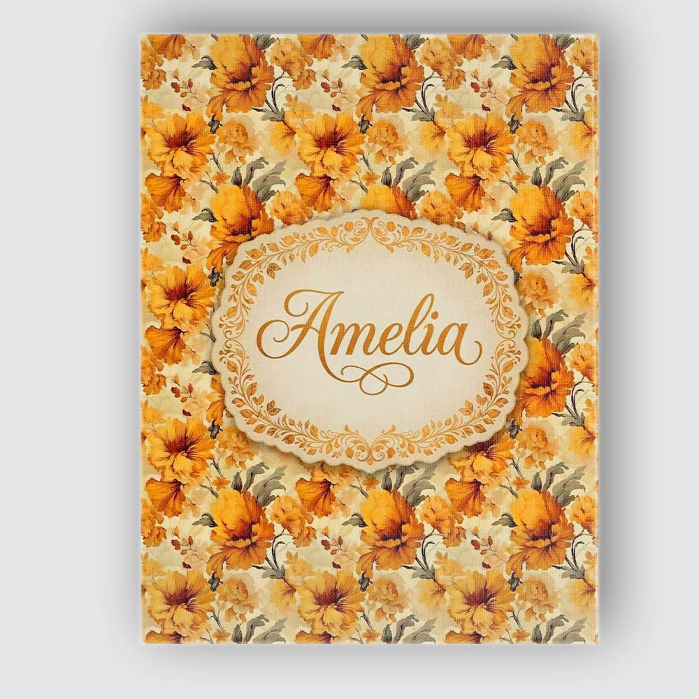 Personalised Name Golden Orange Floral Custom Modern Room Accent Elegant Feature Canvas Wall Art Print Decor Picture Ready to Hang