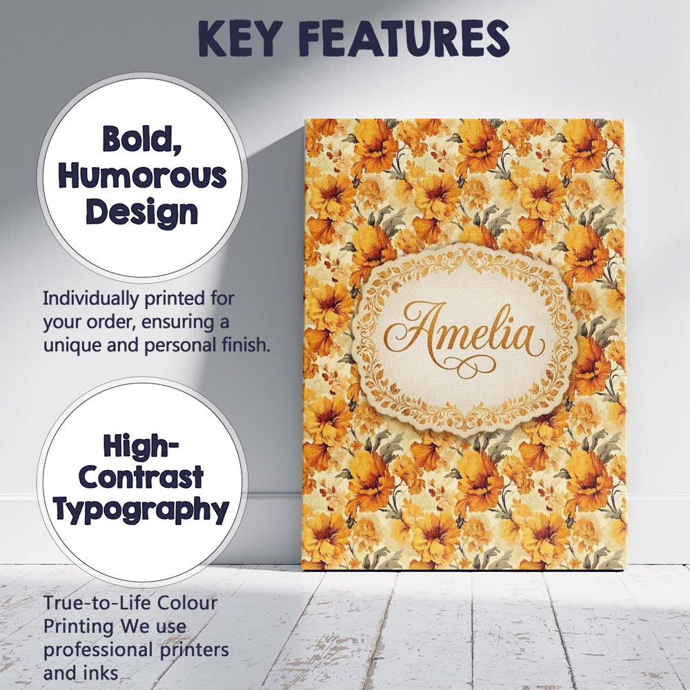 Personalised Name Golden Orange Floral Custom Modern Room Accent Elegant Feature Canvas Wall Art Print Decor Picture Ready to Hang