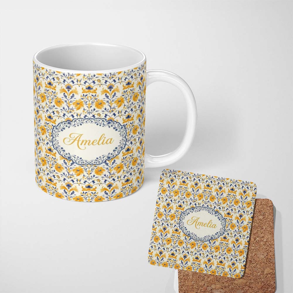 Personalized Custom Name Blue Yellow Tile Floral Seamless Pattern Decorative Ceramic Style 11oz Ceramic Coffee Tea Mug White Large Handle