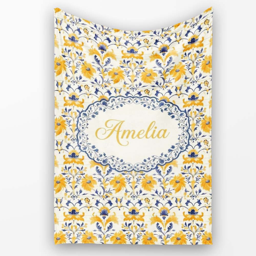 Blue Yellow Tile Floral Seamless Pattern Decorative Ceramic Style Personalised Custom Name Super Soft Fleece Blanket Bed Sofa Throw
