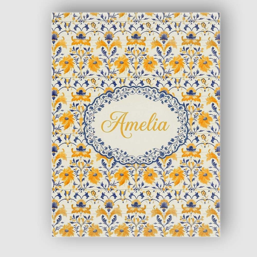 Personalised Name Blue Yellow Tile Floral Custom Unique Gift Idea Elegant Feature Canvas Wall Art Print Decor Picture Ready to Hang