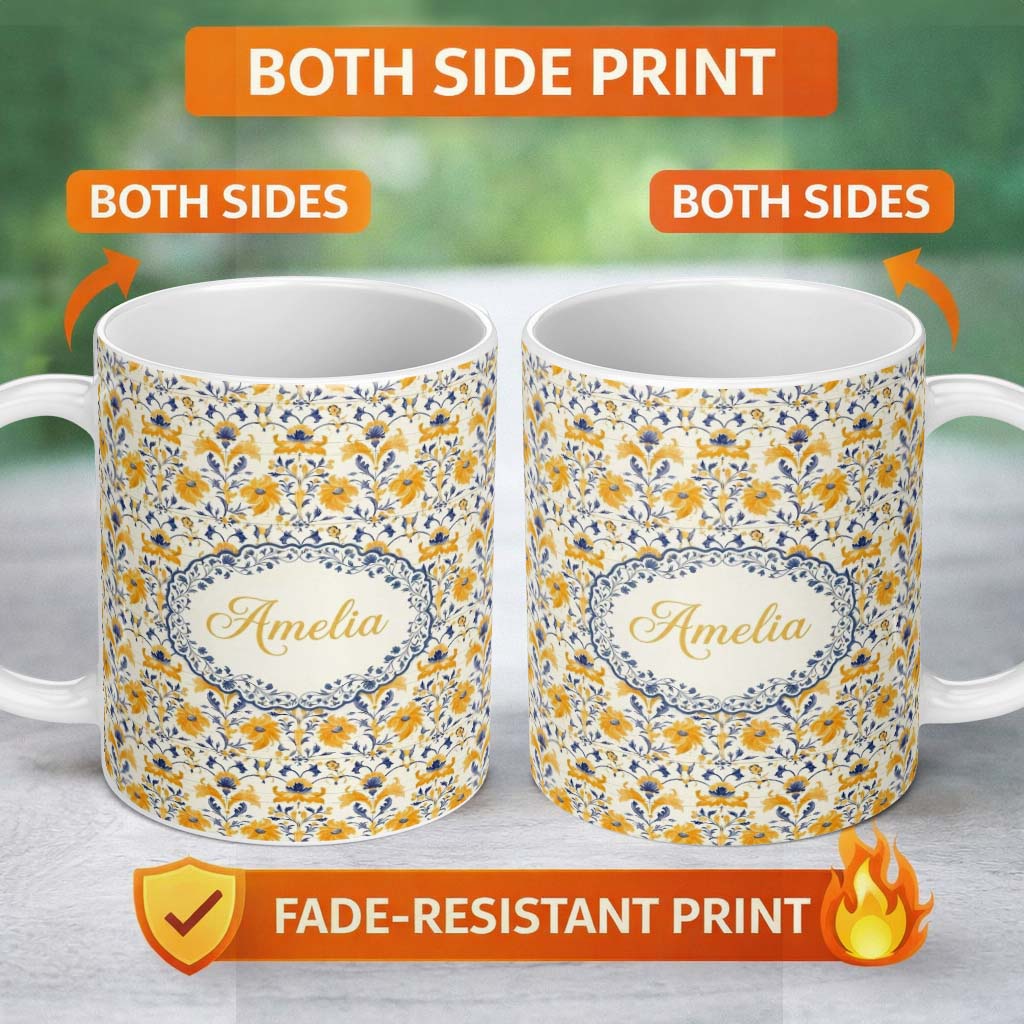 Personalized Custom Name Blue Yellow Tile Floral Seamless Pattern Decorative Ceramic Style 11oz Ceramic Coffee Tea Mug White Large Handle