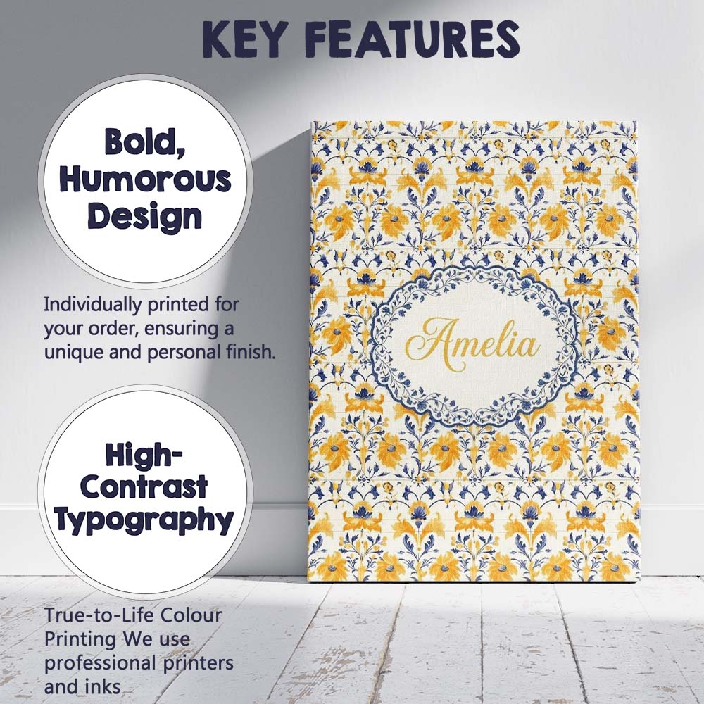 Personalised Name Blue Yellow Tile Floral Custom Unique Gift Idea Elegant Feature Canvas Wall Art Print Decor Picture Ready to Hang