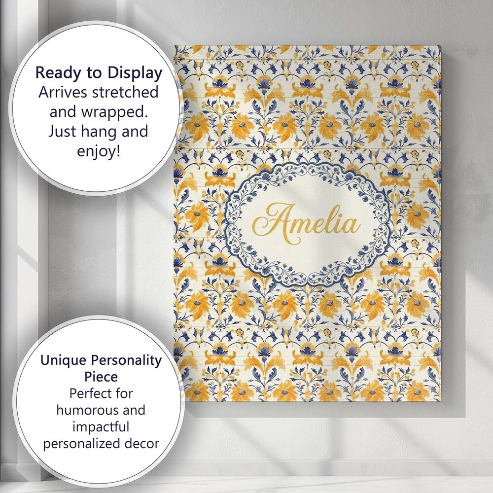 Personalised Name Blue Yellow Tile Floral Custom Unique Gift Idea Elegant Feature Canvas Wall Art Print Decor Picture Ready to Hang