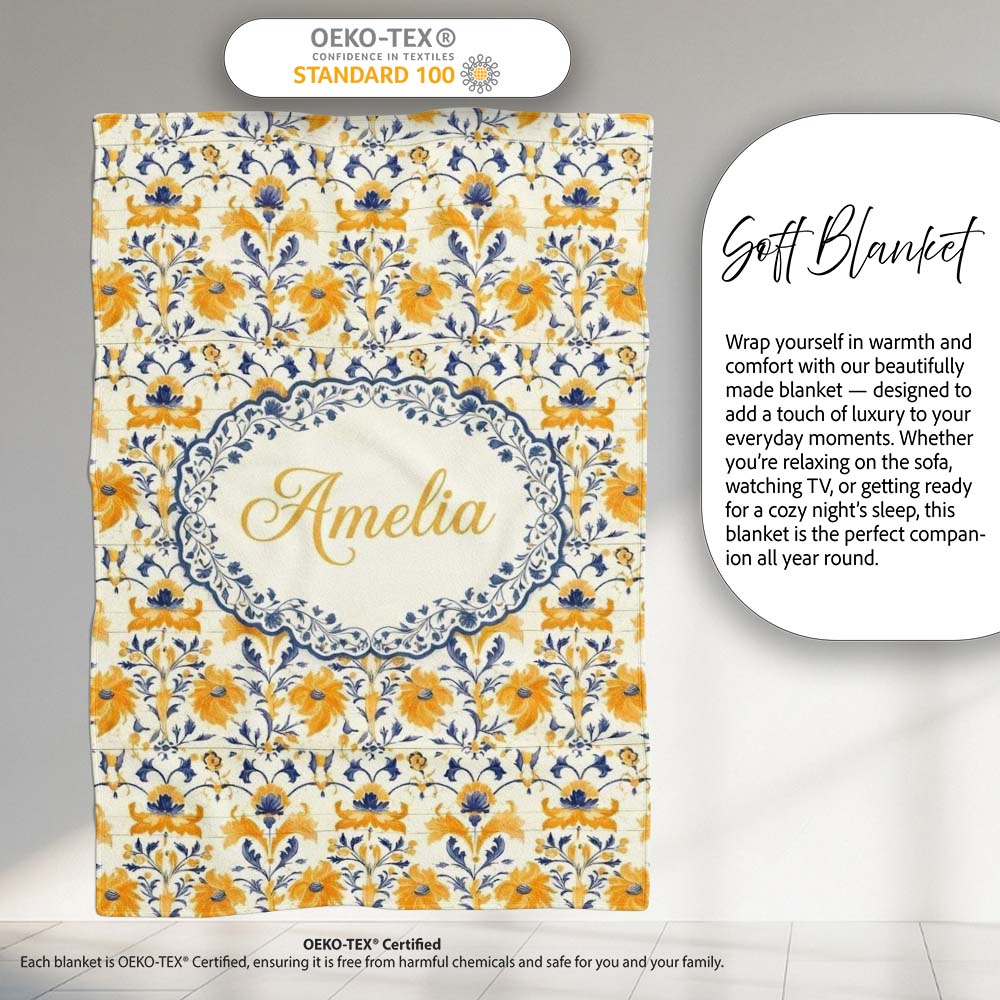 Blue Yellow Tile Floral Seamless Pattern Decorative Ceramic Style Personalised Custom Name Super Soft Fleece Blanket Bed Sofa Throw