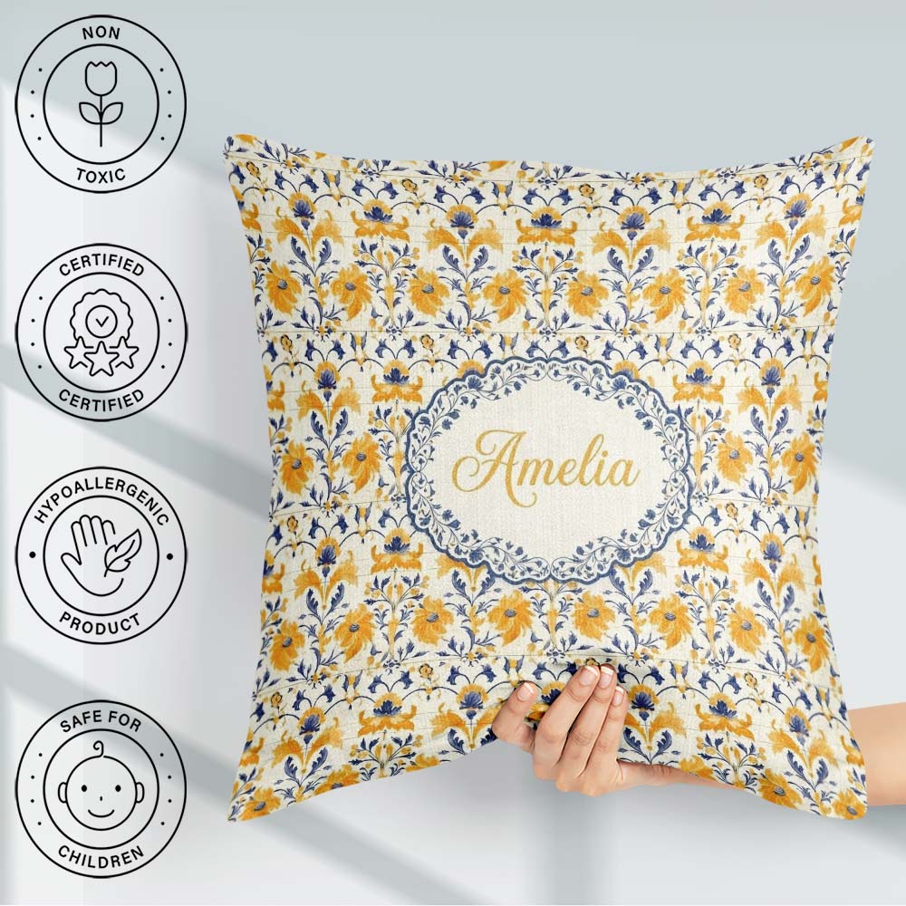 Custom Name Blue Yellow Tile Seamless Pattern Decorative Ceramic Square Filled Cushion Throw Pillow Sofa Bed Home Decor Zip Washable UK Made