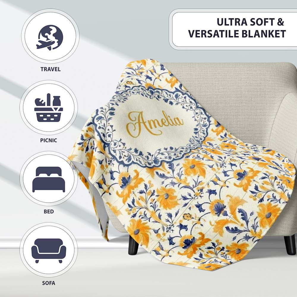 Blue Yellow Tile Floral Seamless Pattern Decorative Ceramic Style Personalised Custom Name Super Soft Fleece Blanket Bed Sofa Throw