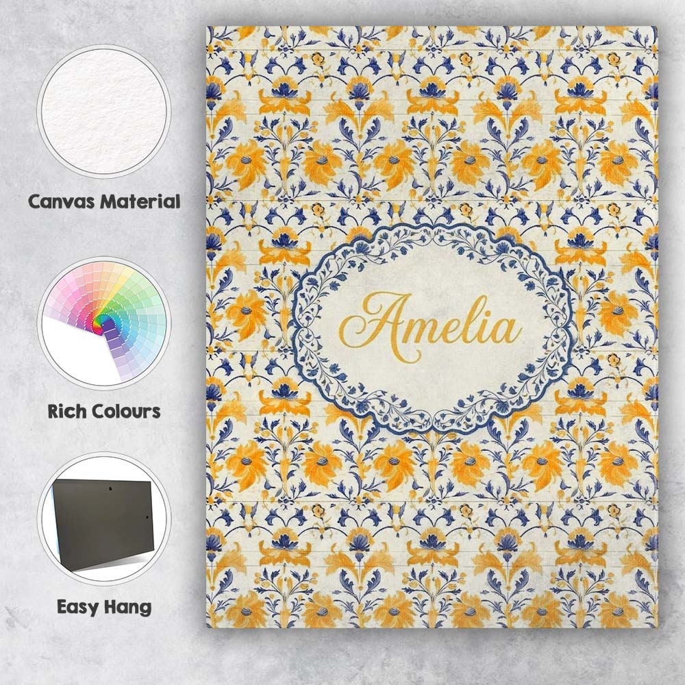 Personalised Name Blue Yellow Tile Floral Custom Unique Gift Idea Elegant Feature Canvas Wall Art Print Decor Picture Ready to Hang