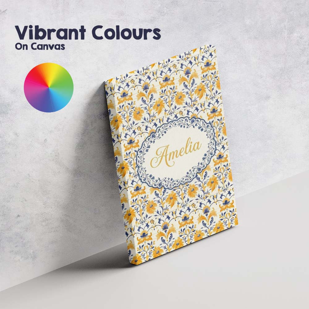 Personalised Name Blue Yellow Tile Floral Custom Unique Gift Idea Elegant Feature Canvas Wall Art Print Decor Picture Ready to Hang