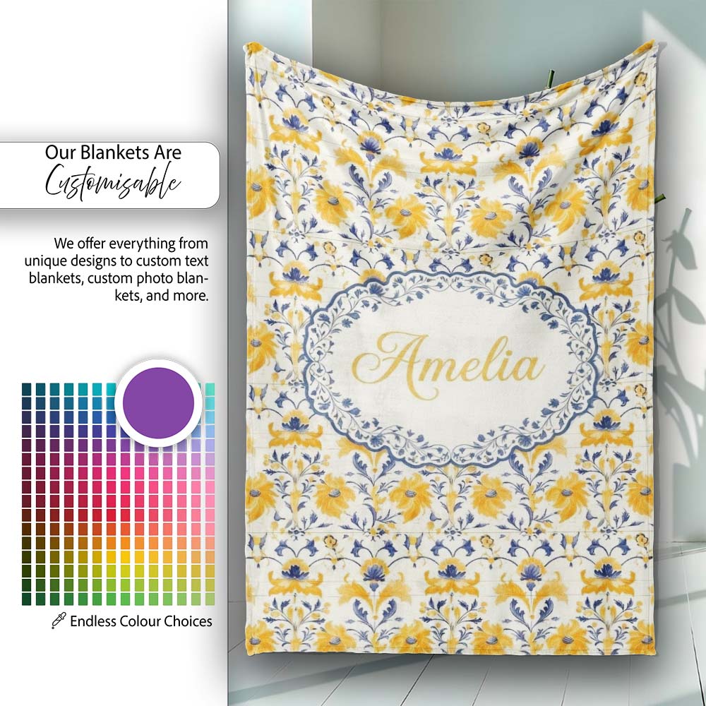 Blue Yellow Tile Floral Seamless Pattern Decorative Ceramic Style Personalised Custom Name Super Soft Fleece Blanket Bed Sofa Throw