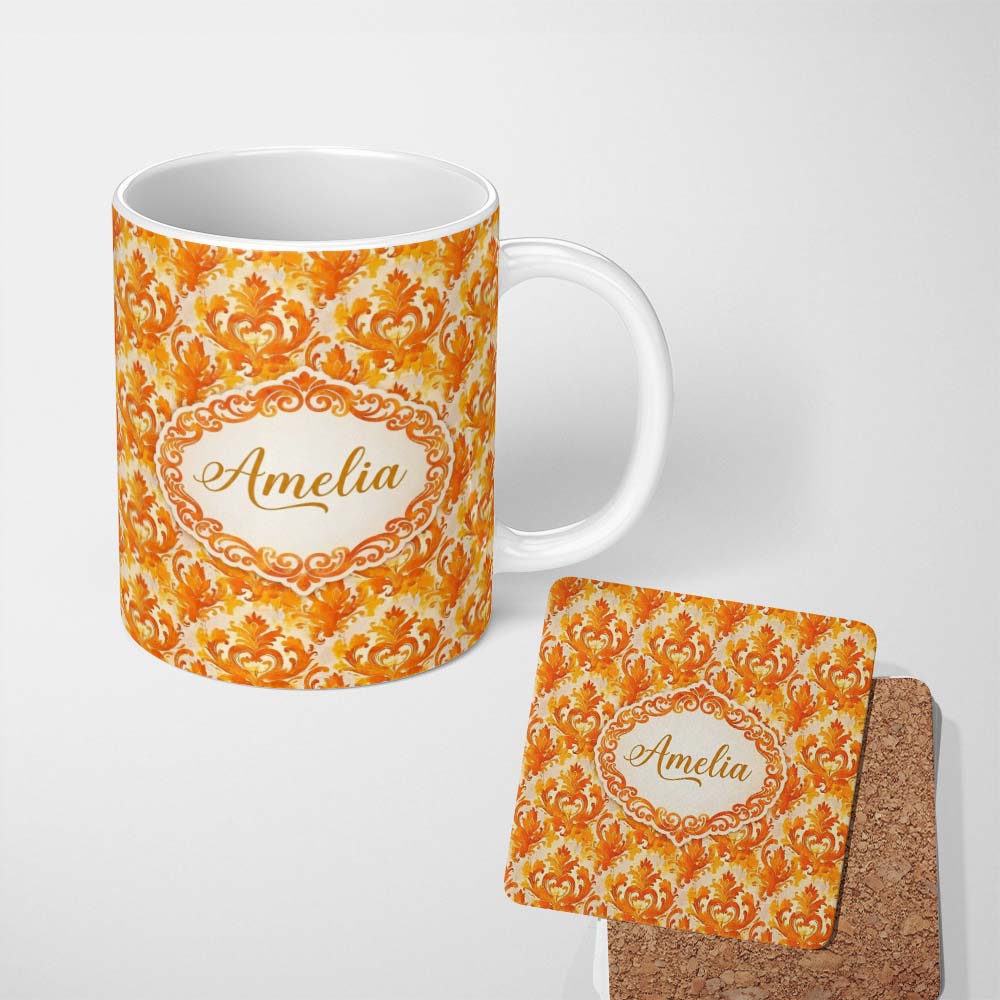 Personalized Custom Name Bright Orange Damask Seamless Pattern Bold Artistic Ornamental 11oz Ceramic Coffee Tea Mug White Large Handle