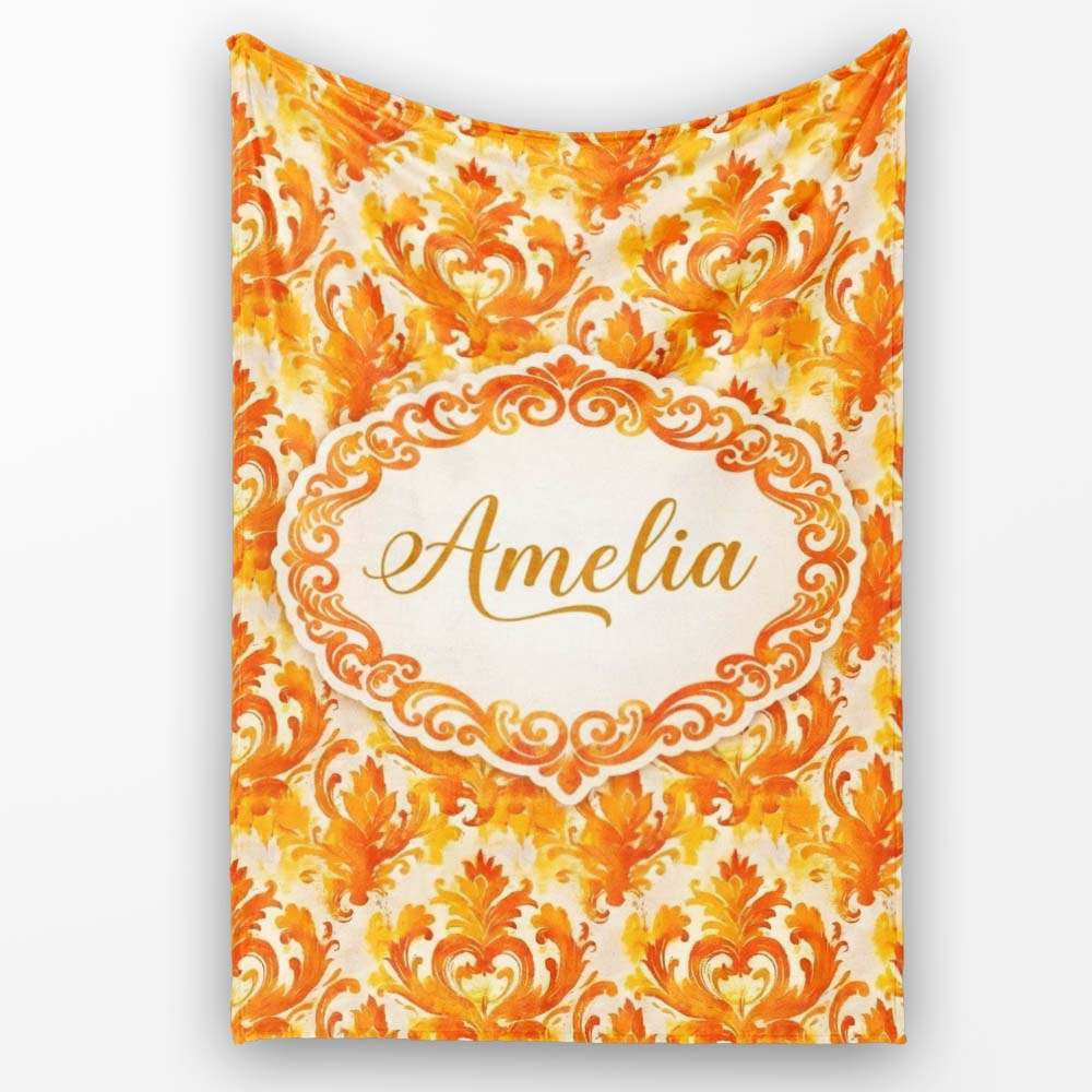 Bright Orange Damask Seamless Pattern Bold Artistic Ornamental Personalised Custom Name Super Soft Fleece Blanket Bed Sofa Throw
