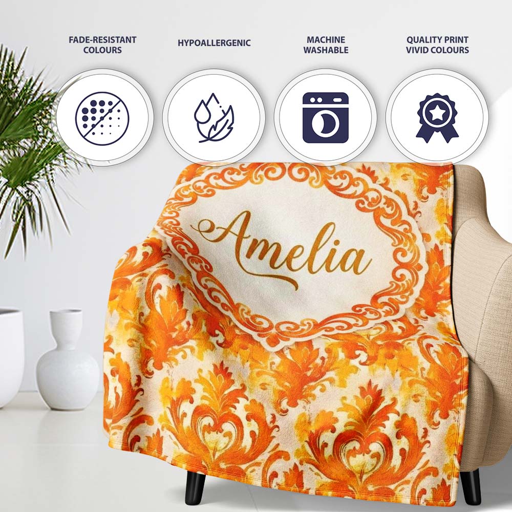 Bright Orange Damask Seamless Pattern Bold Artistic Ornamental Personalised Custom Name Super Soft Fleece Blanket Bed Sofa Throw