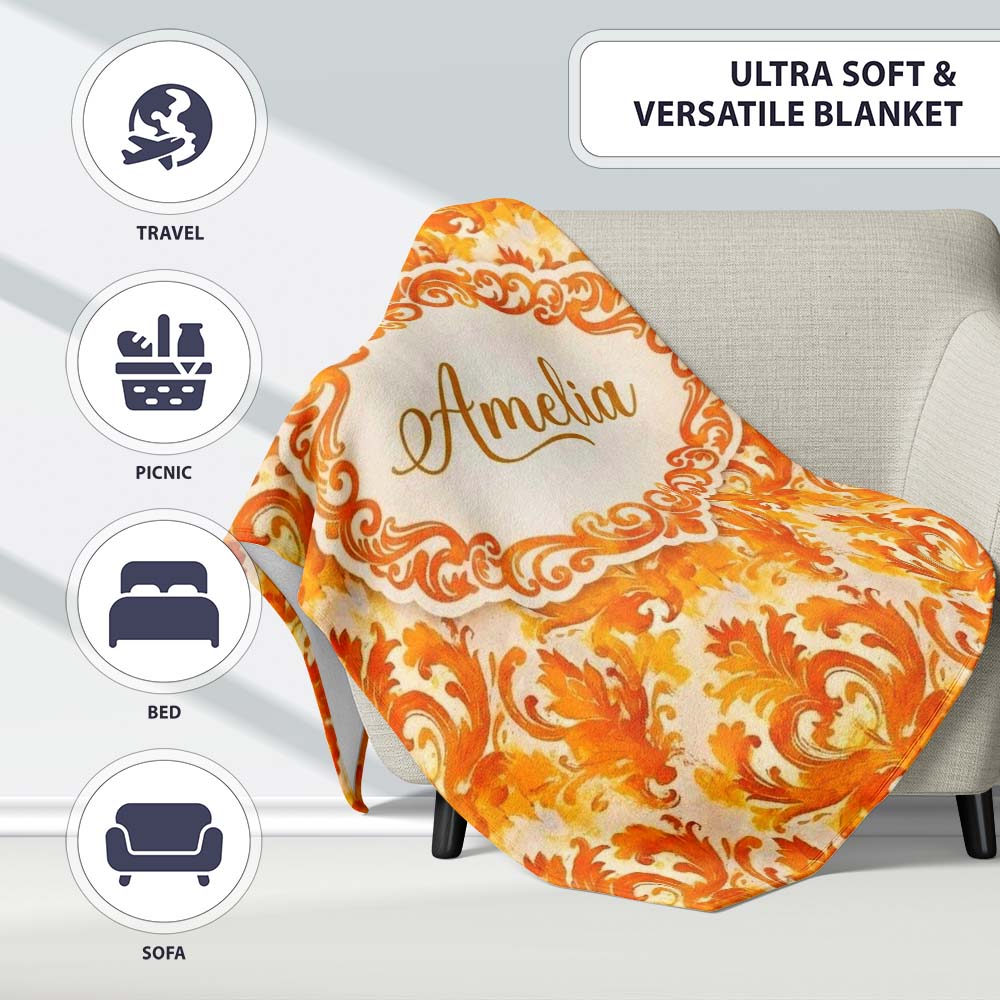 Bright Orange Damask Seamless Pattern Bold Artistic Ornamental Personalised Custom Name Super Soft Fleece Blanket Bed Sofa Throw
