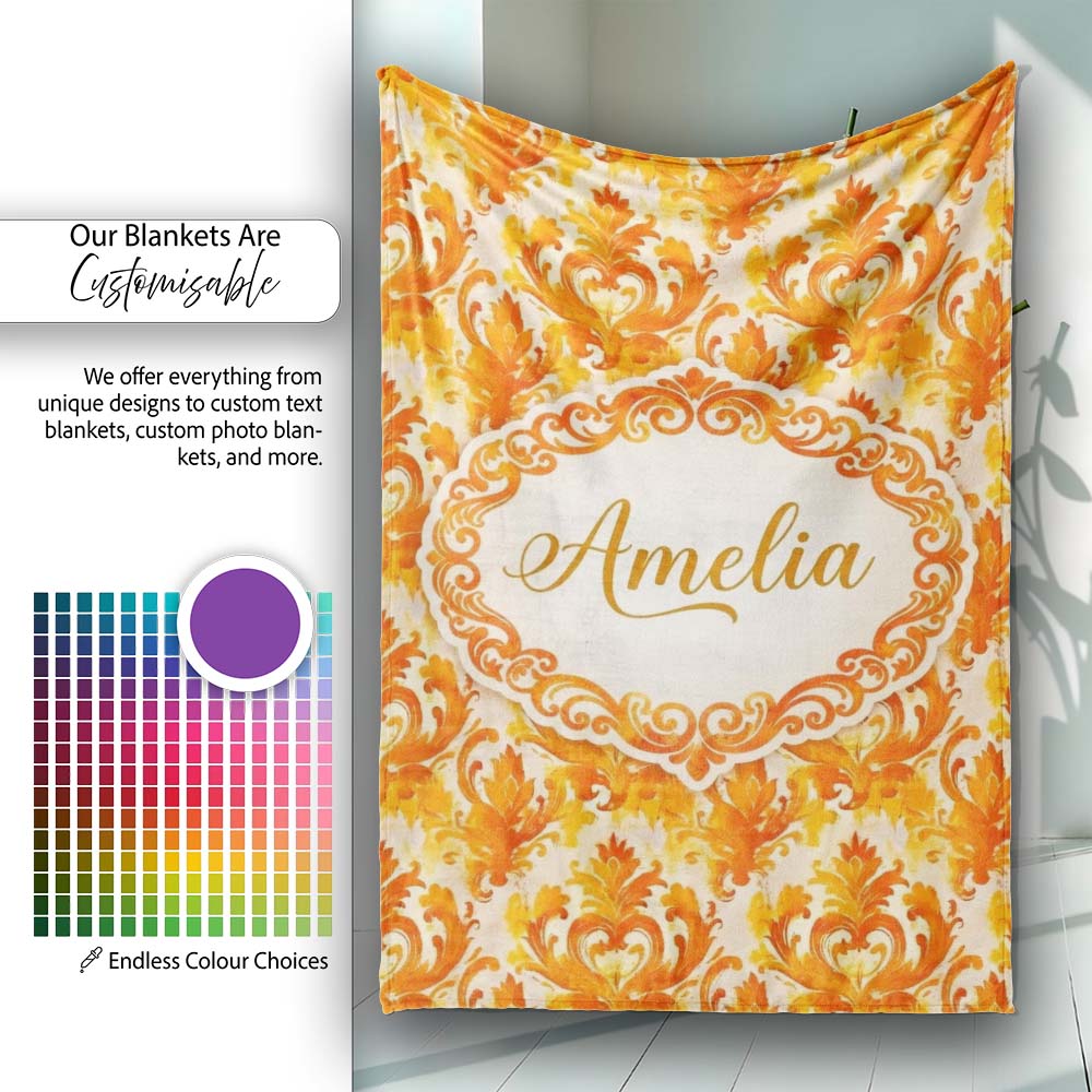 Bright Orange Damask Seamless Pattern Bold Artistic Ornamental Personalised Custom Name Super Soft Fleece Blanket Bed Sofa Throw