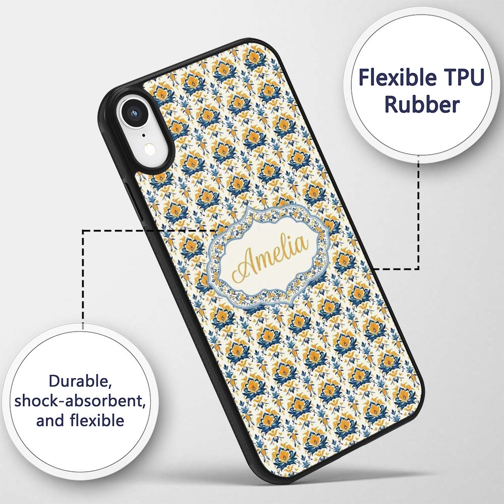 Blue Yellow Ornamental Floral Tile Printed Design Custom Name Protective Phone Case Mobile Cover Durable Everyday Smartphone Shock Resistant