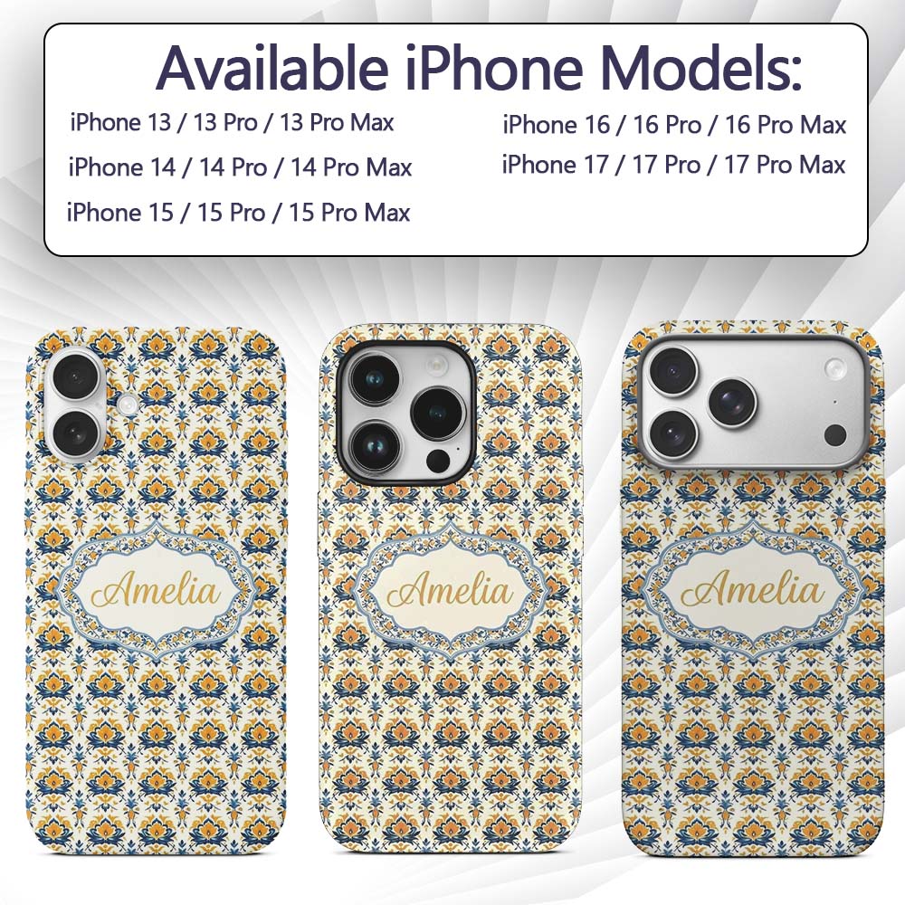 Blue Yellow Ornamental Floral Tile Printed Design Custom Name Protective Phone Case Mobile Cover Durable Everyday Smartphone Shock Resistant