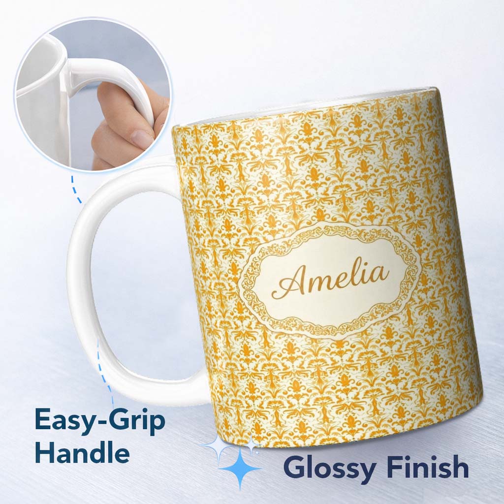 Personalized Custom Name Golden Yellow Damask Floral Seamless Pattern Elegant Vintage 11oz Ceramic Coffee Tea Mug White Large Handle