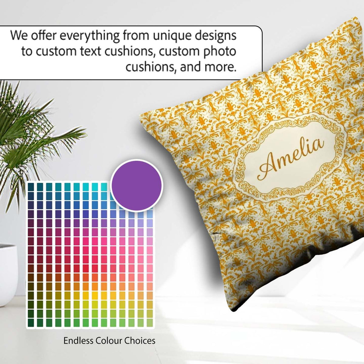 Custom Name Golden Yellow Damask Floral Seamless Pattern Elegant Square Filled Cushion Throw Pillow Sofa Bed Home Decor Zip Washable UK Made