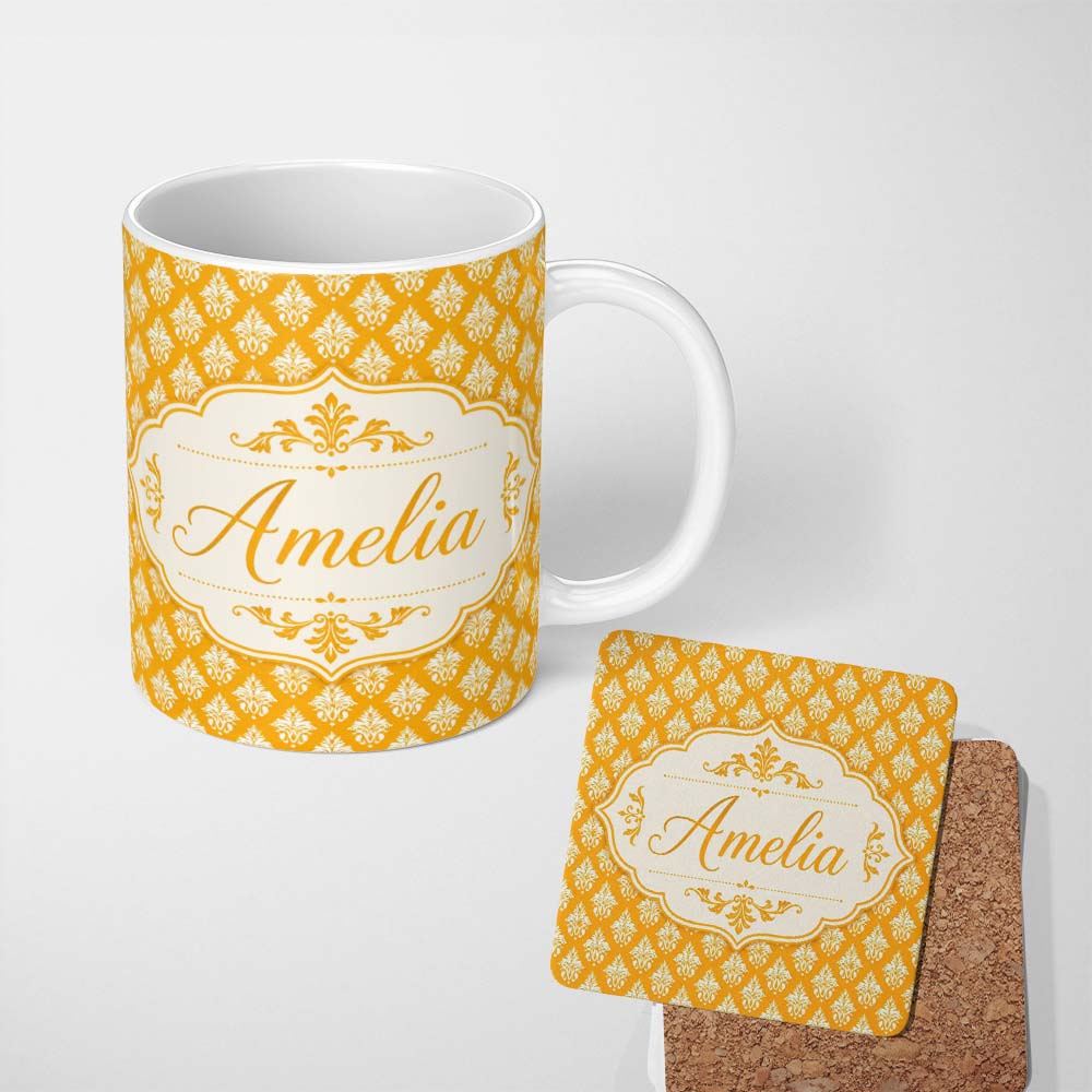 Personalized Custom Name Bright Mustard Yellow Damask Motif Seamless Pattern Classic Vintage 11oz Ceramic Coffee Tea Mug White Large Handle