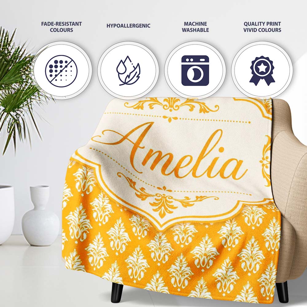 Bright Mustard Yellow Damask Motif Seamless Pattern Classic Vintage Personalised Custom Name Super Soft Fleece Blanket Bed Sofa Throw