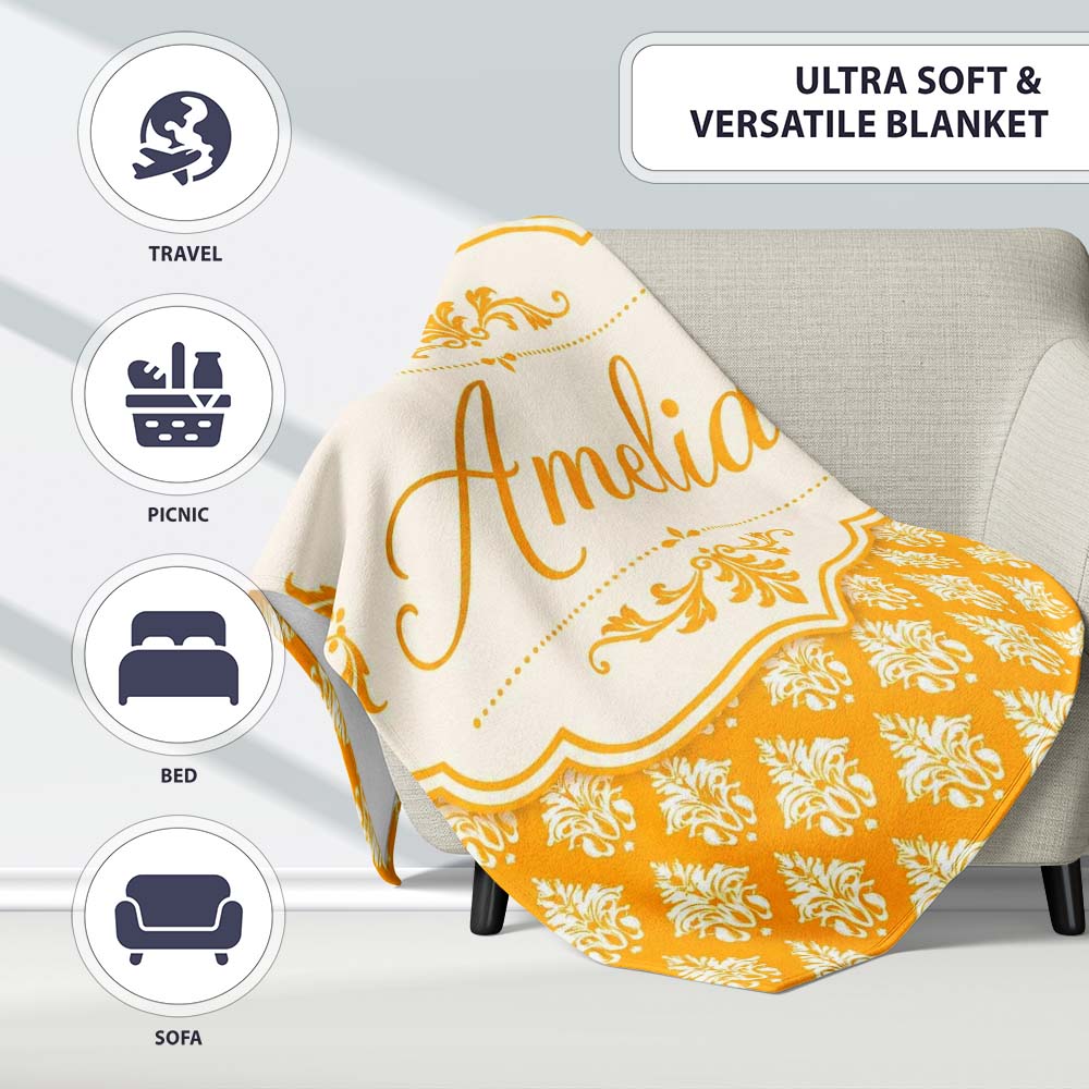 Bright Mustard Yellow Damask Motif Seamless Pattern Classic Vintage Personalised Custom Name Super Soft Fleece Blanket Bed Sofa Throw