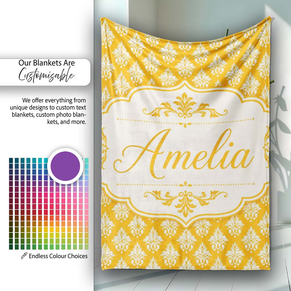Bright Mustard Yellow Damask Motif Seamless Pattern Classic Vintage Personalised Custom Name Super Soft Fleece Blanket Bed Sofa Throw