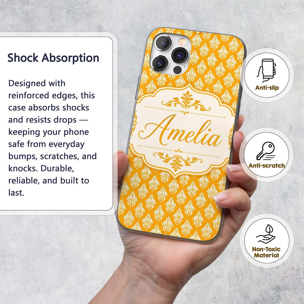 Bright Mustard Yellow Damask Motif Printed Design Custom Name Protective Phone Case Mobile Cover Durable Everyday Smartphone Shock Resistant
