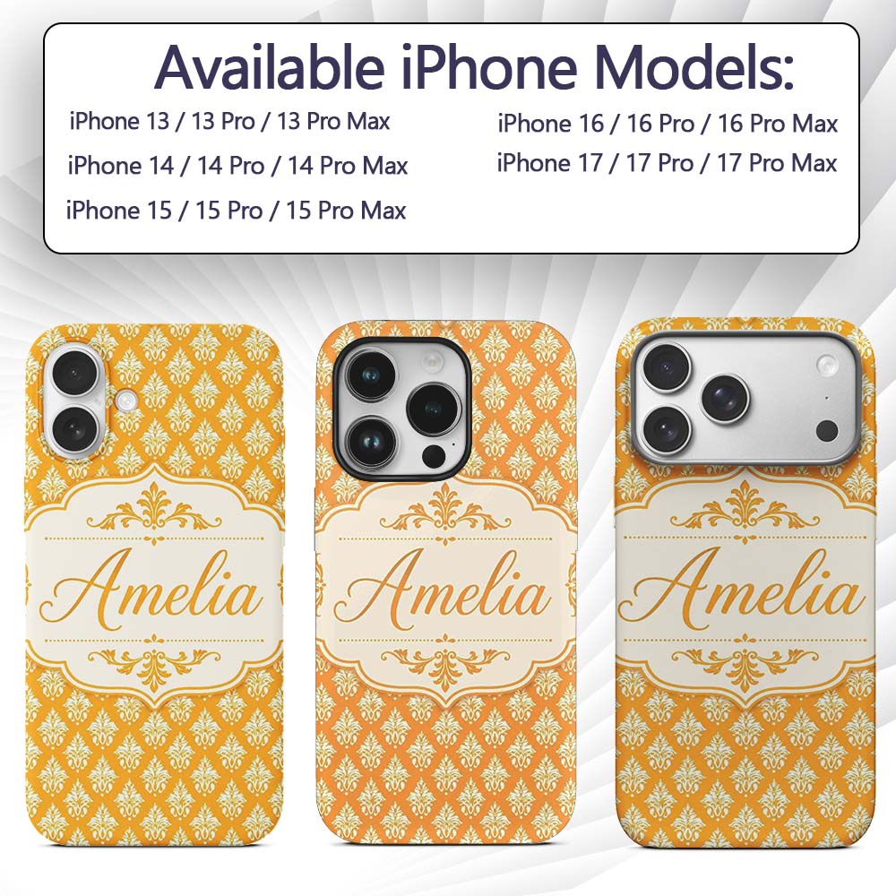 Bright Mustard Yellow Damask Motif Printed Design Custom Name Protective Phone Case Mobile Cover Durable Everyday Smartphone Shock Resistant