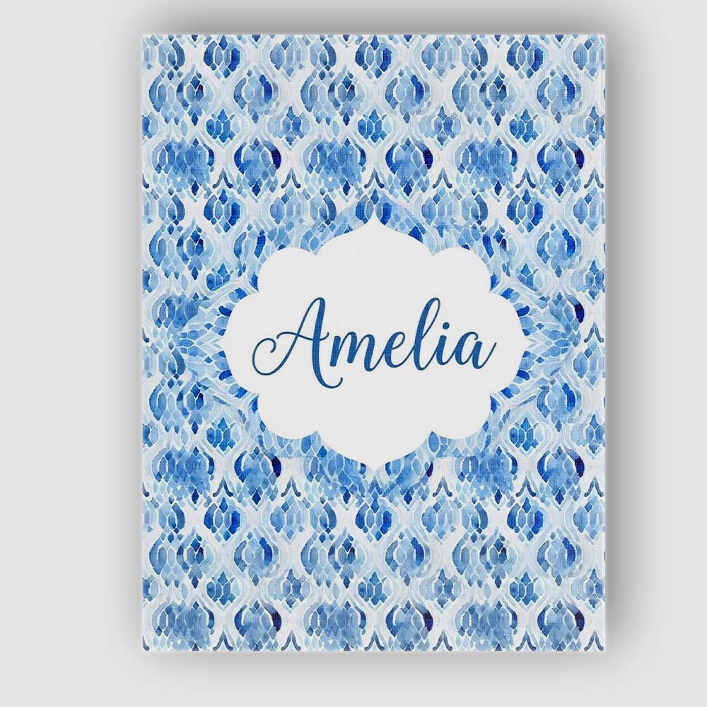 Personalised Name Blue Watercolor Ikat Custom Modern Room Accent Elegant Feature Canvas Wall Art Print Decor Picture Ready to Hang