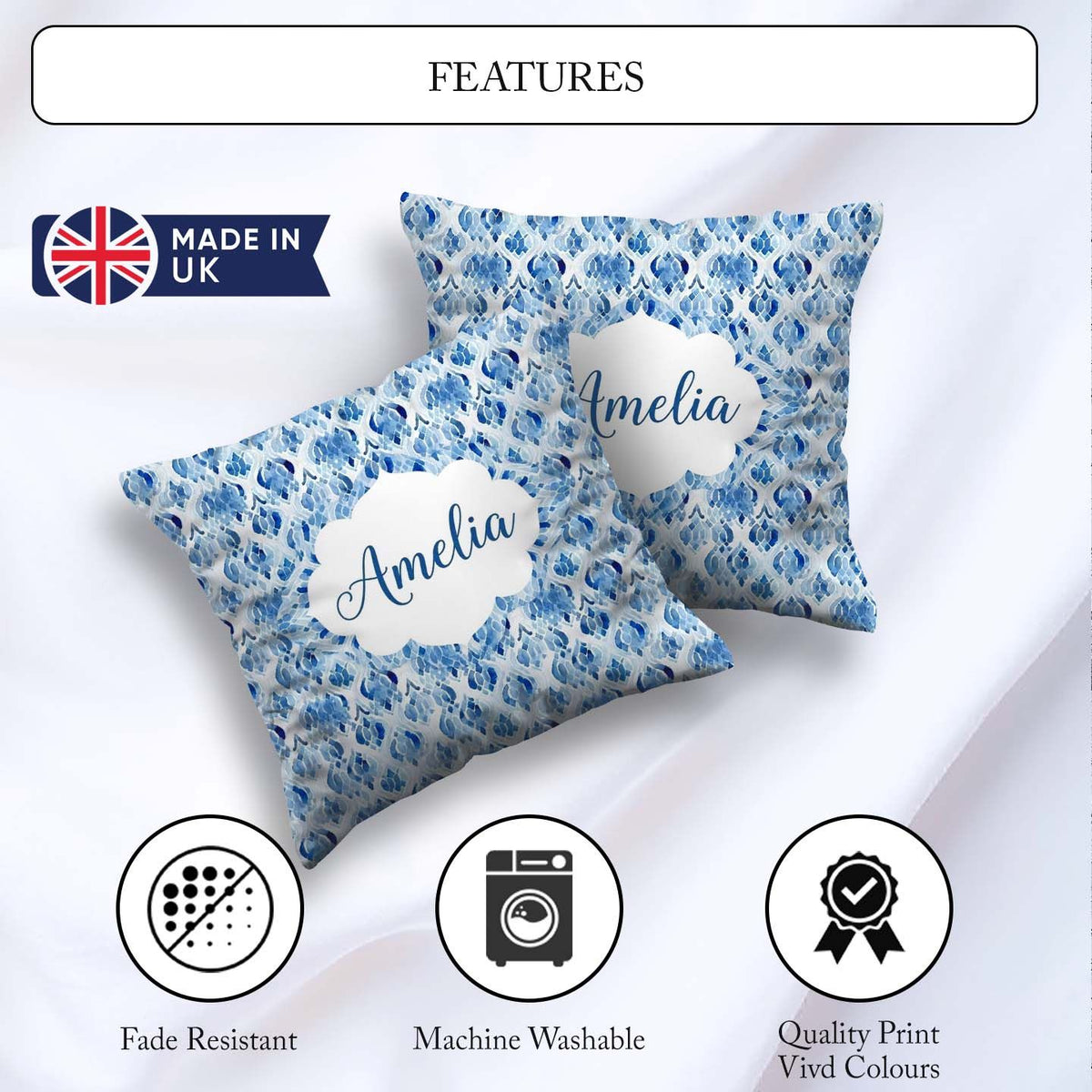 Custom Name Blue Watercolor Ikat Abstract Seamless Soft Artistic Square Filled Cushion Throw Pillow Sofa Bed Home Decor Zip Washable UK Made