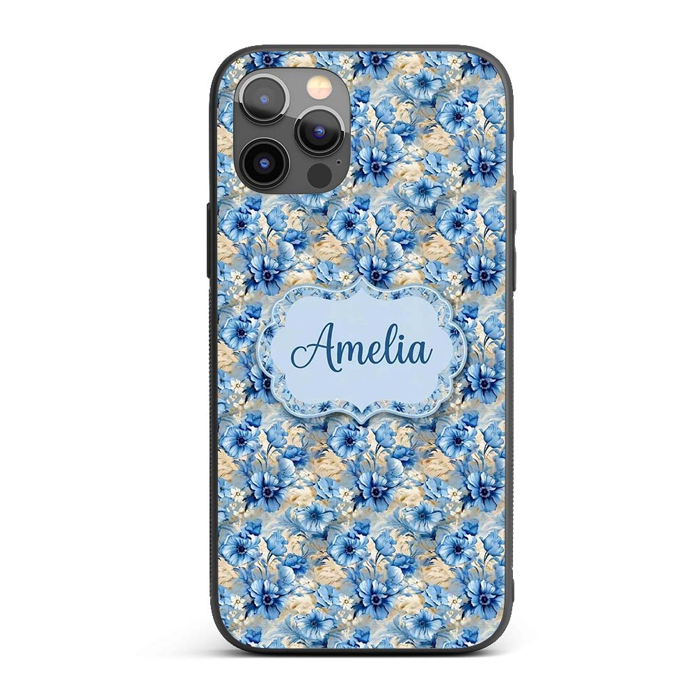 Blue Floral Bouquet Vintage Seamless Pattern Custom Name Protective Phone Case Mobile Cover Durable Everyday Smartphone Shock Resistant