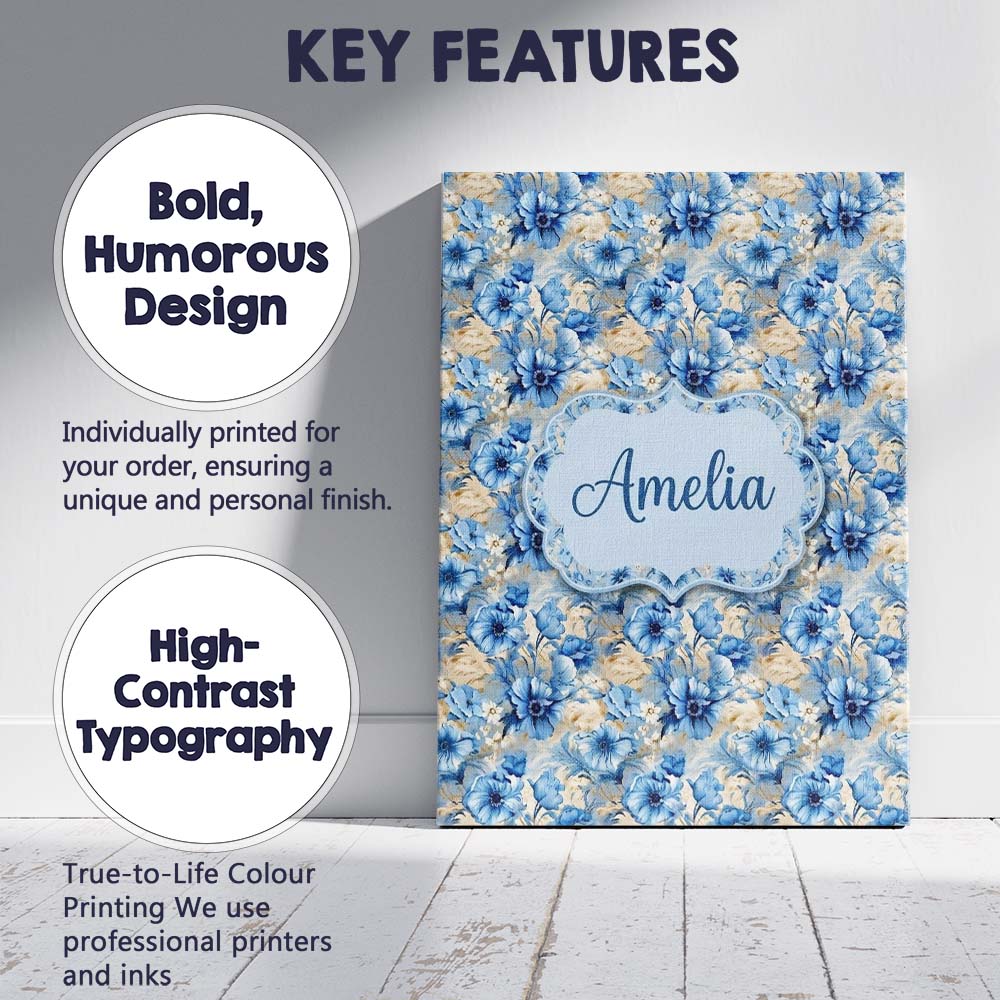 Personalised Name Blue Floral Bouquet Custom Modern Room Accent Creative Decorator Style Canvas Wall Art Print Decor Picture Ready to Hang