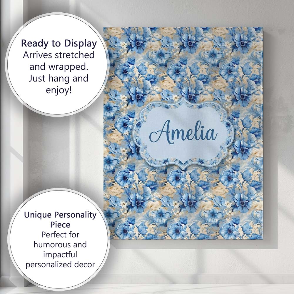 Personalised Name Blue Floral Bouquet Custom Modern Room Accent Creative Decorator Style Canvas Wall Art Print Decor Picture Ready to Hang