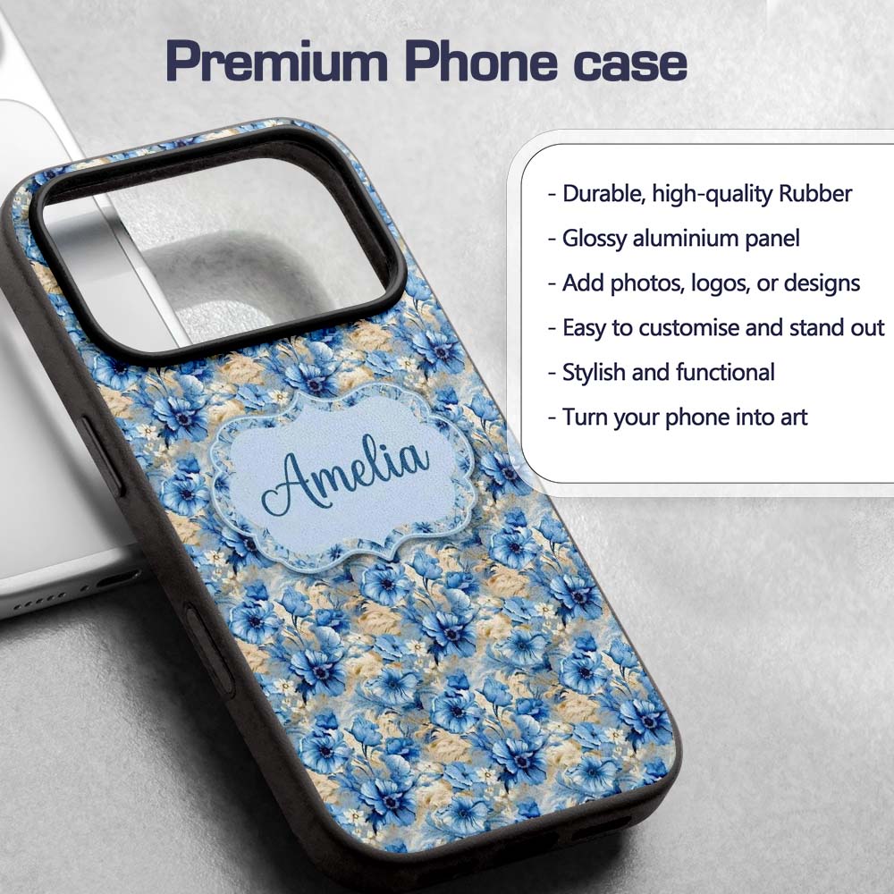 Blue Floral Bouquet Vintage Seamless Pattern Custom Name Protective Phone Case Mobile Cover Durable Everyday Smartphone Shock Resistant