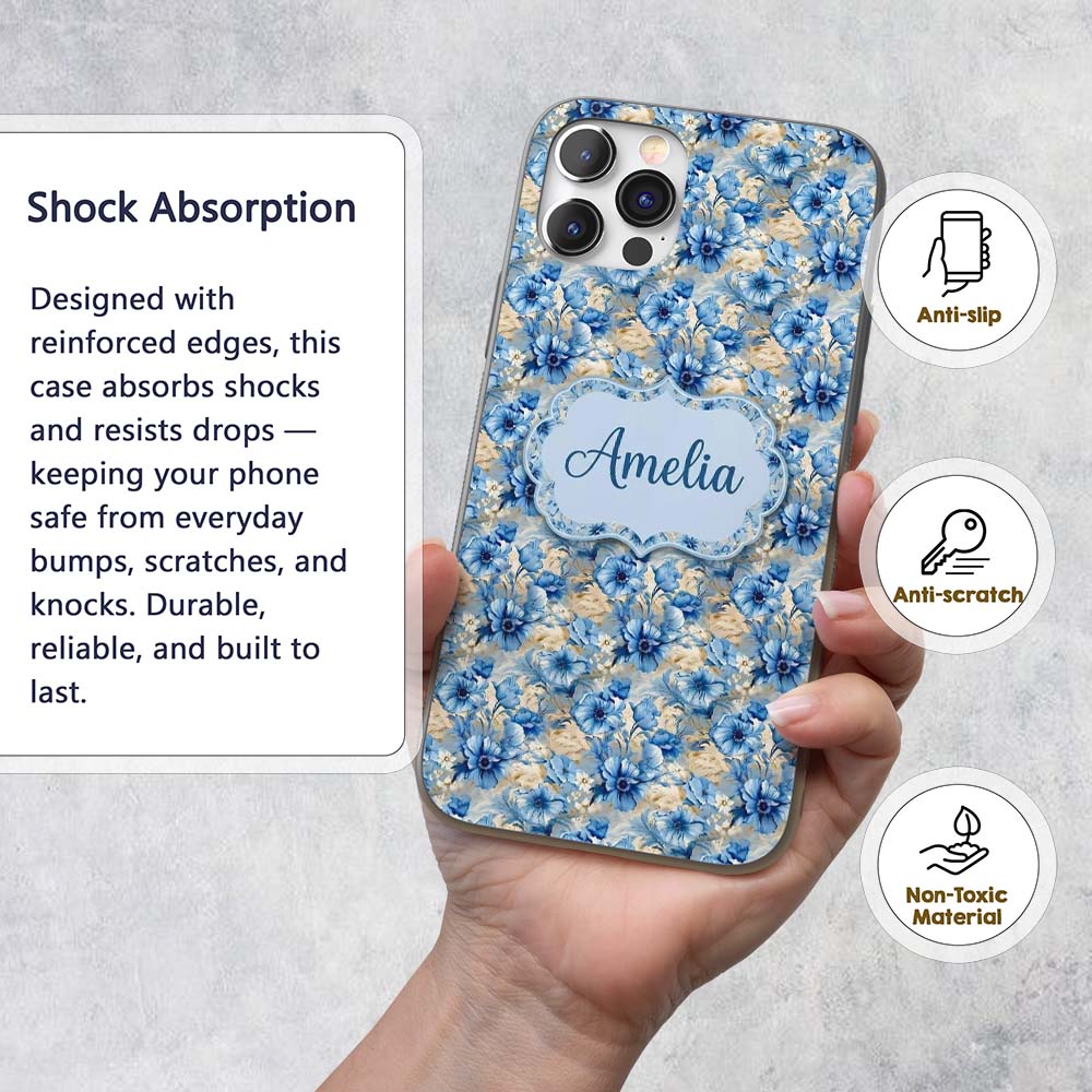Blue Floral Bouquet Vintage Seamless Pattern Custom Name Protective Phone Case Mobile Cover Durable Everyday Smartphone Shock Resistant
