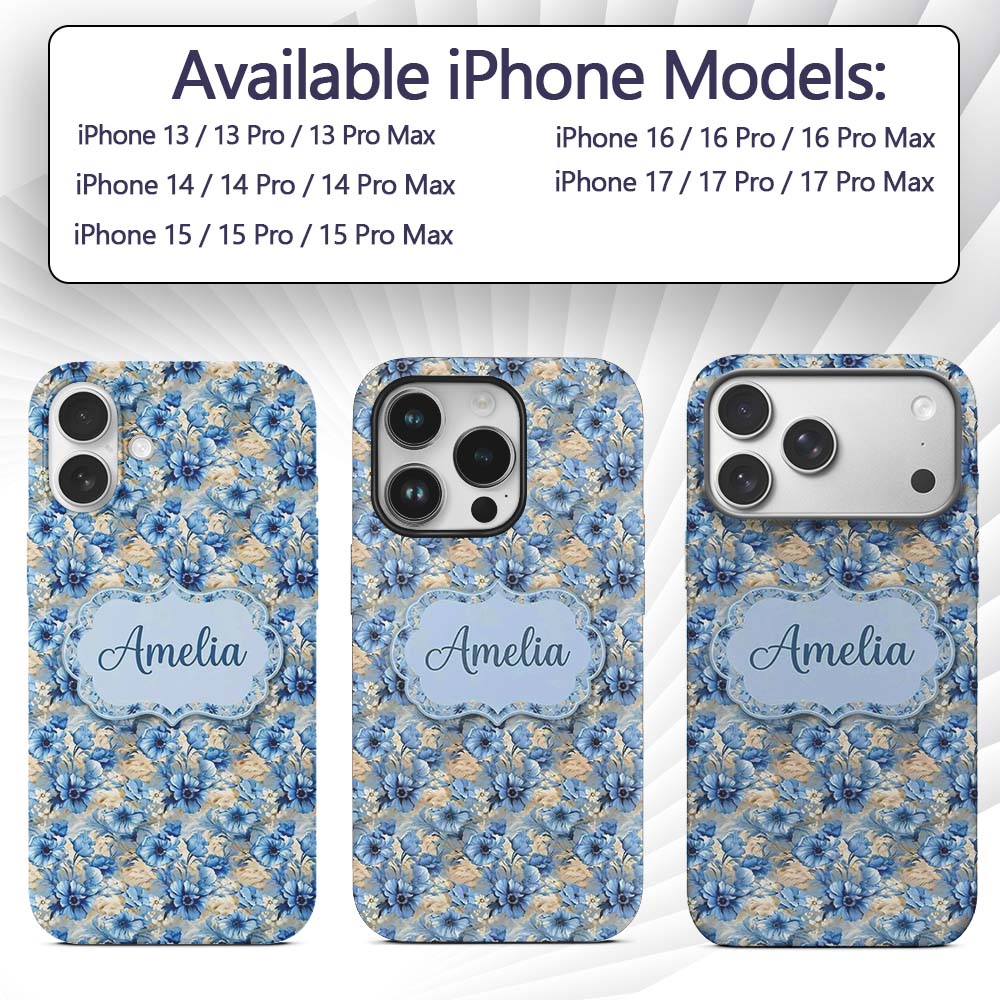 Blue Floral Bouquet Vintage Seamless Pattern Custom Name Protective Phone Case Mobile Cover Durable Everyday Smartphone Shock Resistant