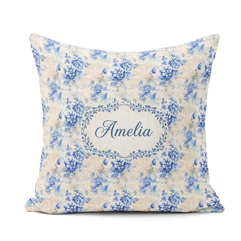 Custom Name Soft Blue Floral Seamless Pattern Artistic Botanical Square Filled Cushion Throw Pillow Sofa Bed Home Decor Zip Washable UK Made