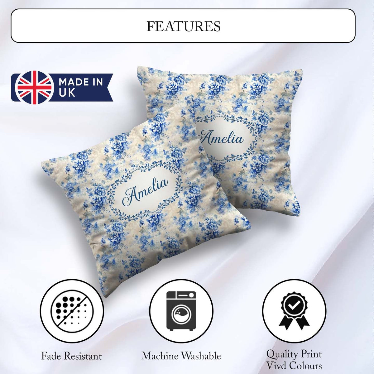 Custom Name Soft Blue Floral Seamless Pattern Artistic Botanical Square Filled Cushion Throw Pillow Sofa Bed Home Decor Zip Washable UK Made