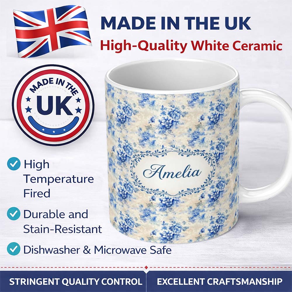 Personalized Custom Name Soft Blue Floral Watercolor Seamless Pattern Artistic Botanical 11oz Ceramic Coffee Tea Mug White Large Handle