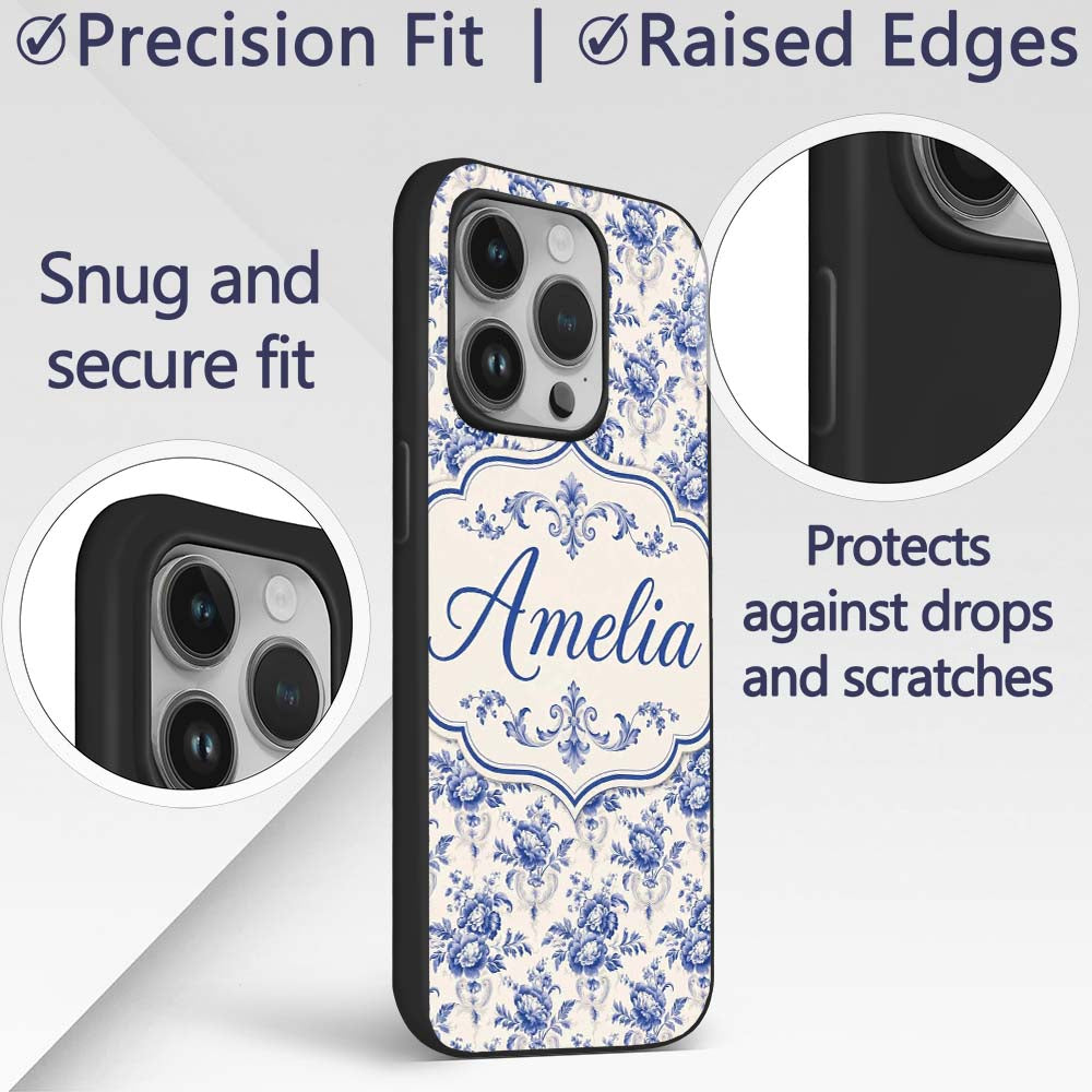 Classic Blue White Vintage Floral Printed Design Custom Name Protective Phone Case Mobile Cover Durable Everyday Smartphone Shock Resistant