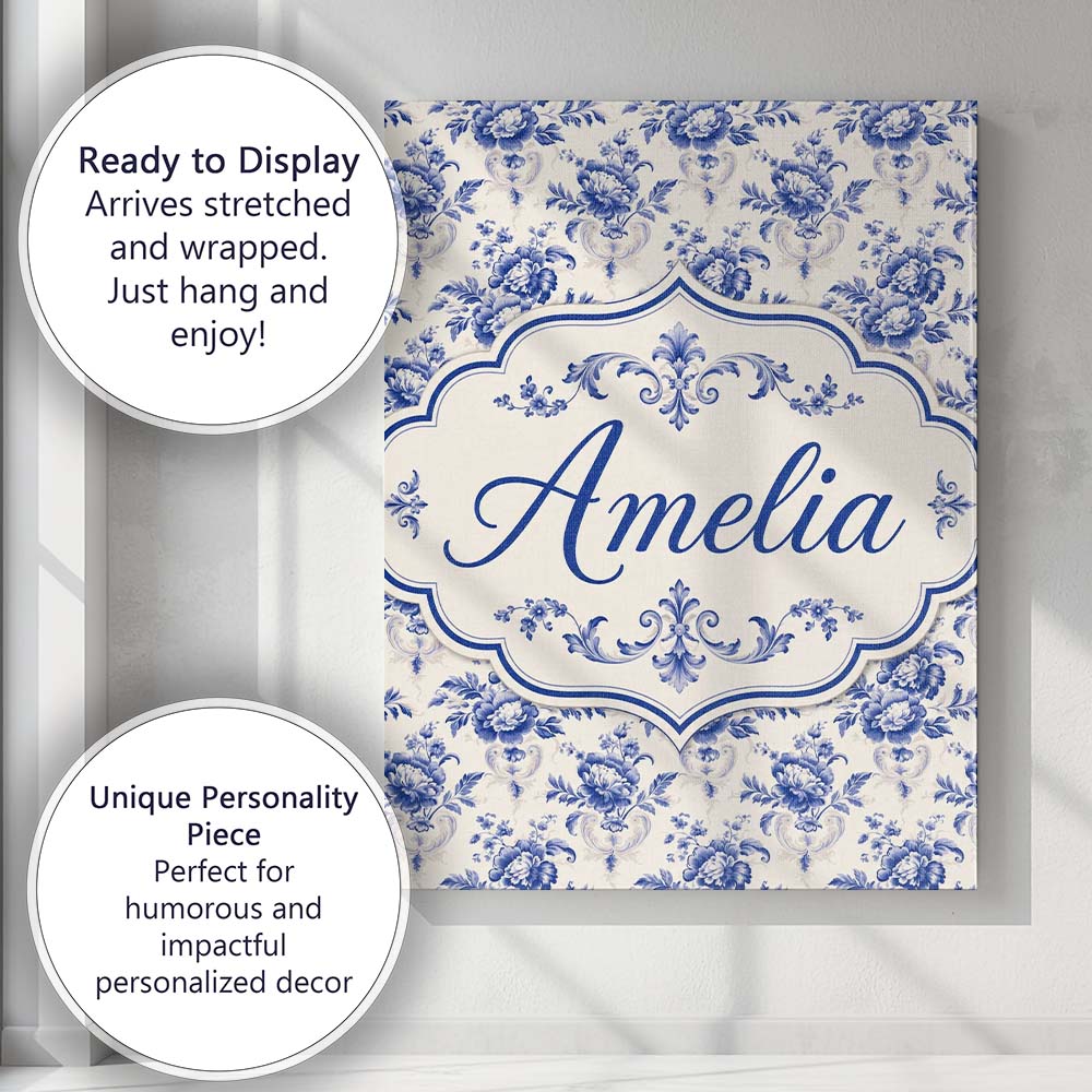 Personalised Name Classic Blue White Custom Premium Decorative Design Modern Room Accent Canvas Wall Art Print Decor Picture Ready to Hang