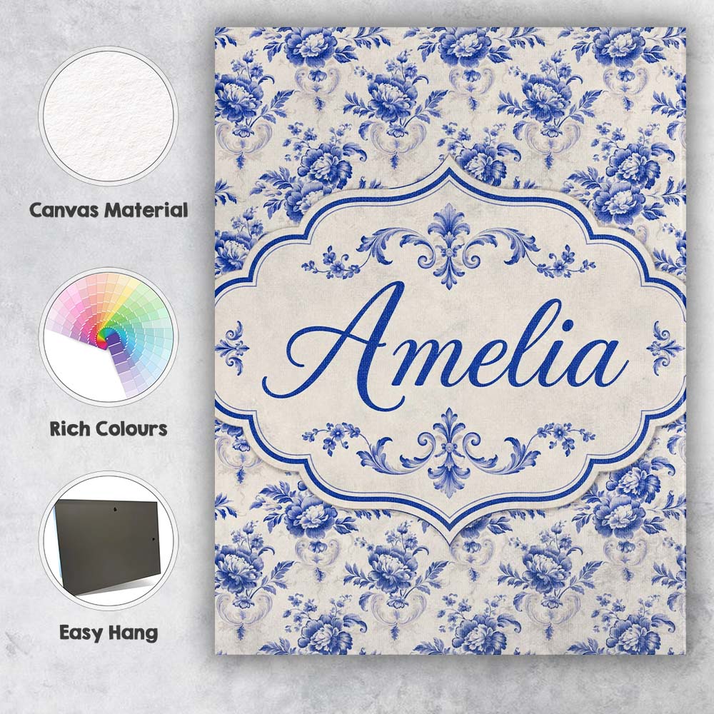 Personalised Name Classic Blue White Custom Premium Decorative Design Modern Room Accent Canvas Wall Art Print Decor Picture Ready to Hang