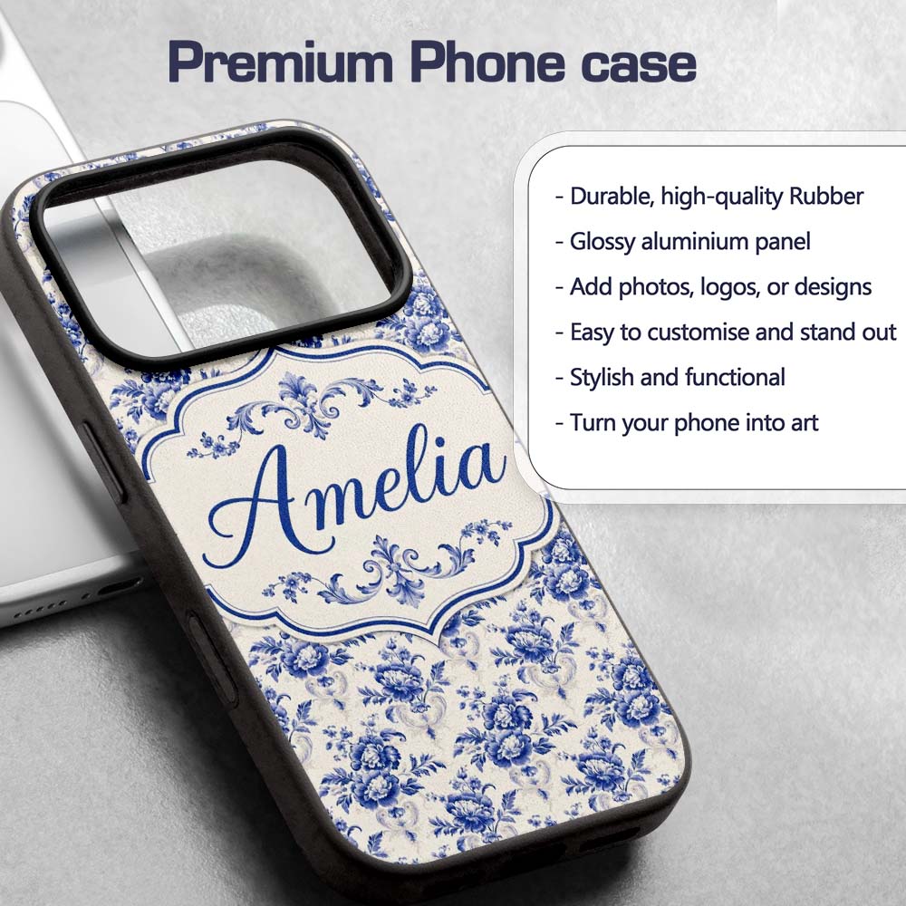Classic Blue White Vintage Floral Printed Design Custom Name Protective Phone Case Mobile Cover Durable Everyday Smartphone Shock Resistant