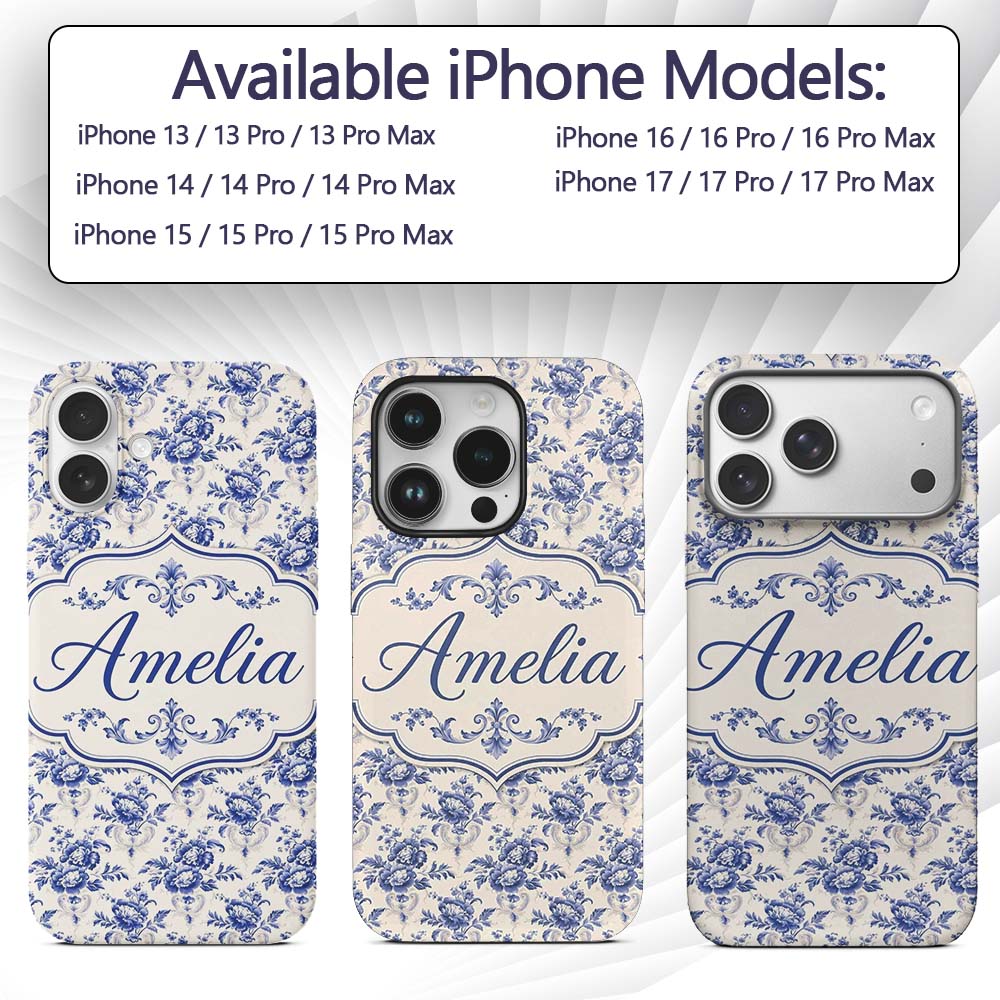 Classic Blue White Vintage Floral Printed Design Custom Name Protective Phone Case Mobile Cover Durable Everyday Smartphone Shock Resistant