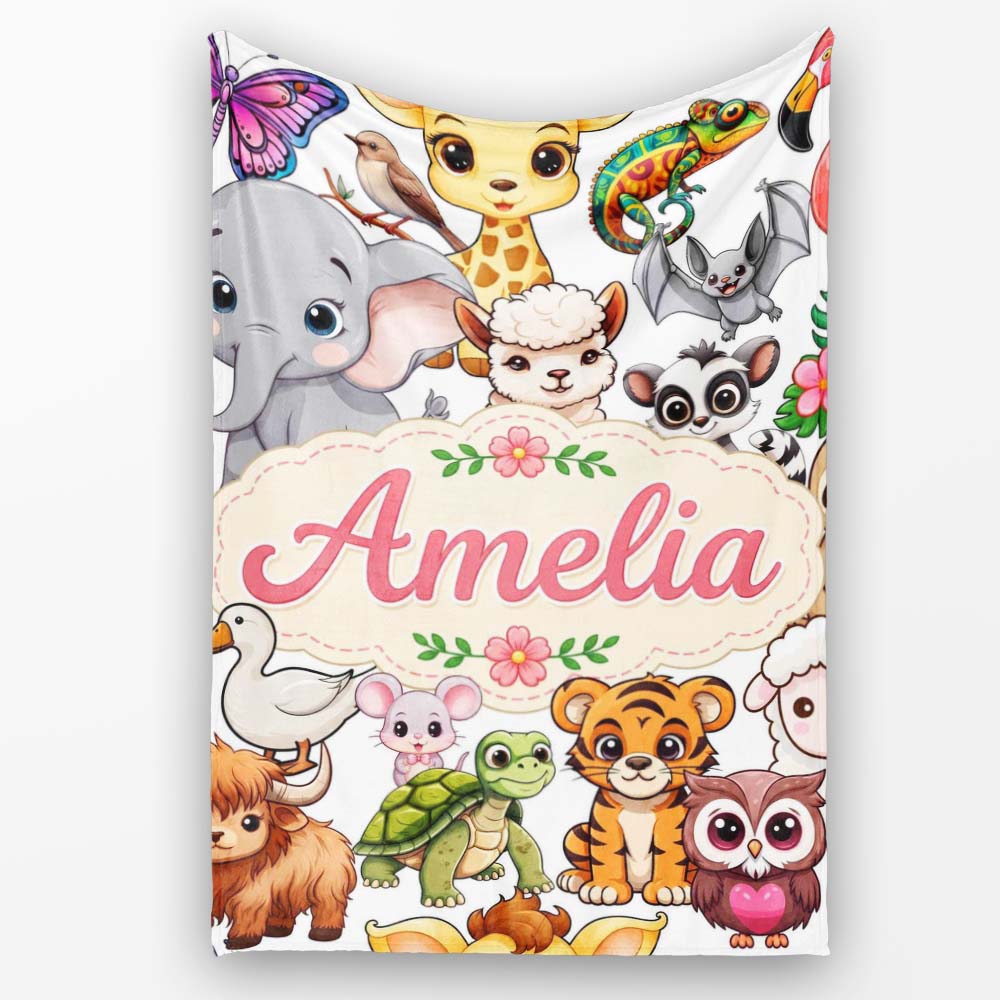 Cute Cartoon Jungle Safari Animals Seamless Pattern on White Lovely Personalised Custom Name Super Soft Fleece Blanket Bed Sofa Throw