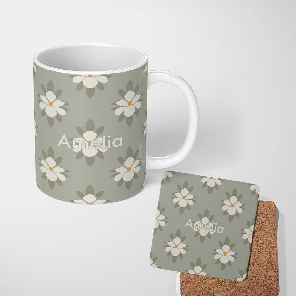 Personalized Custom Name Neutral Daisy Floral Seamless Pattern Soft Beige Botanical Design 11oz Ceramic Coffee Tea Mug White Large Handle