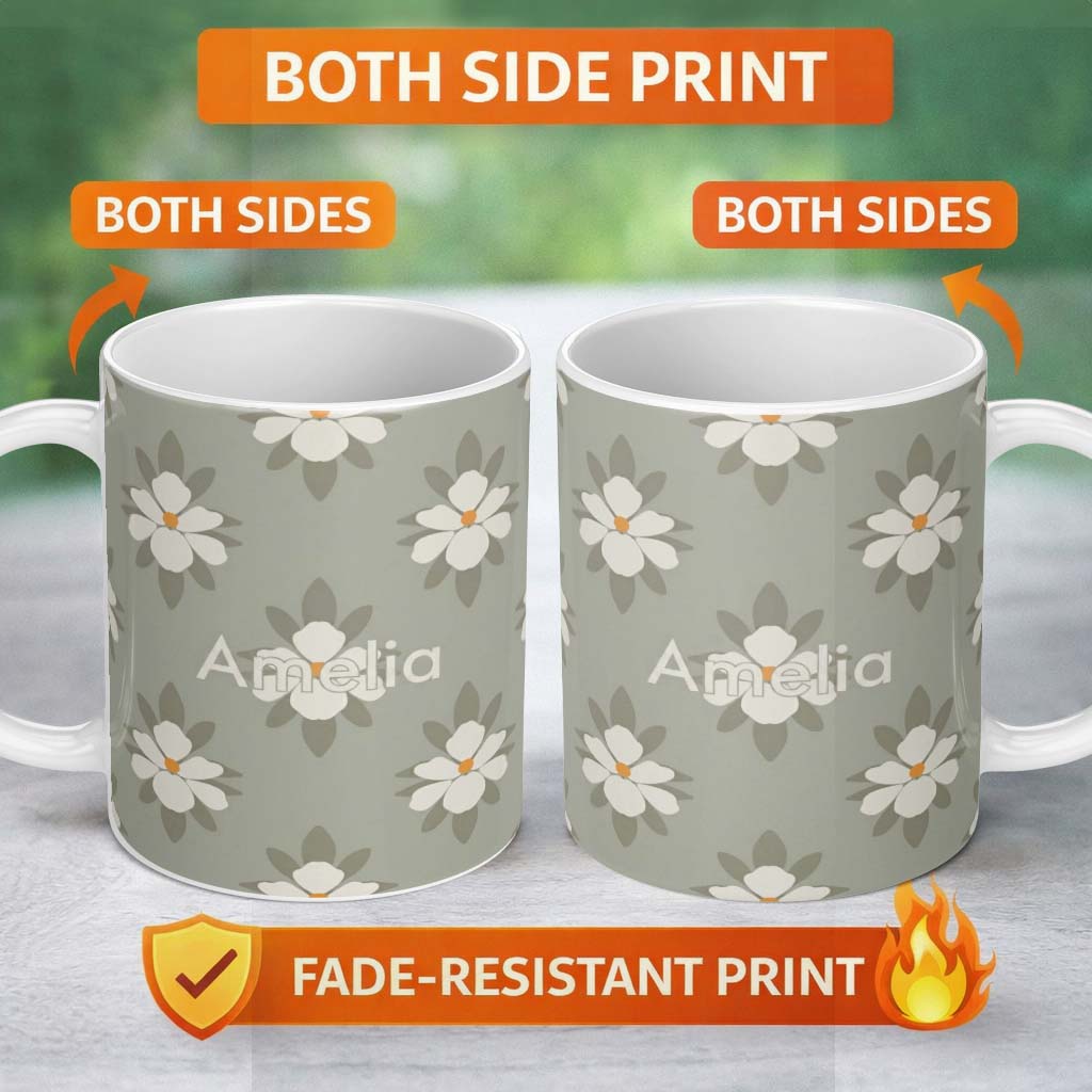 Personalized Custom Name Neutral Daisy Floral Seamless Pattern Soft Beige Botanical Design 11oz Ceramic Coffee Tea Mug White Large Handle