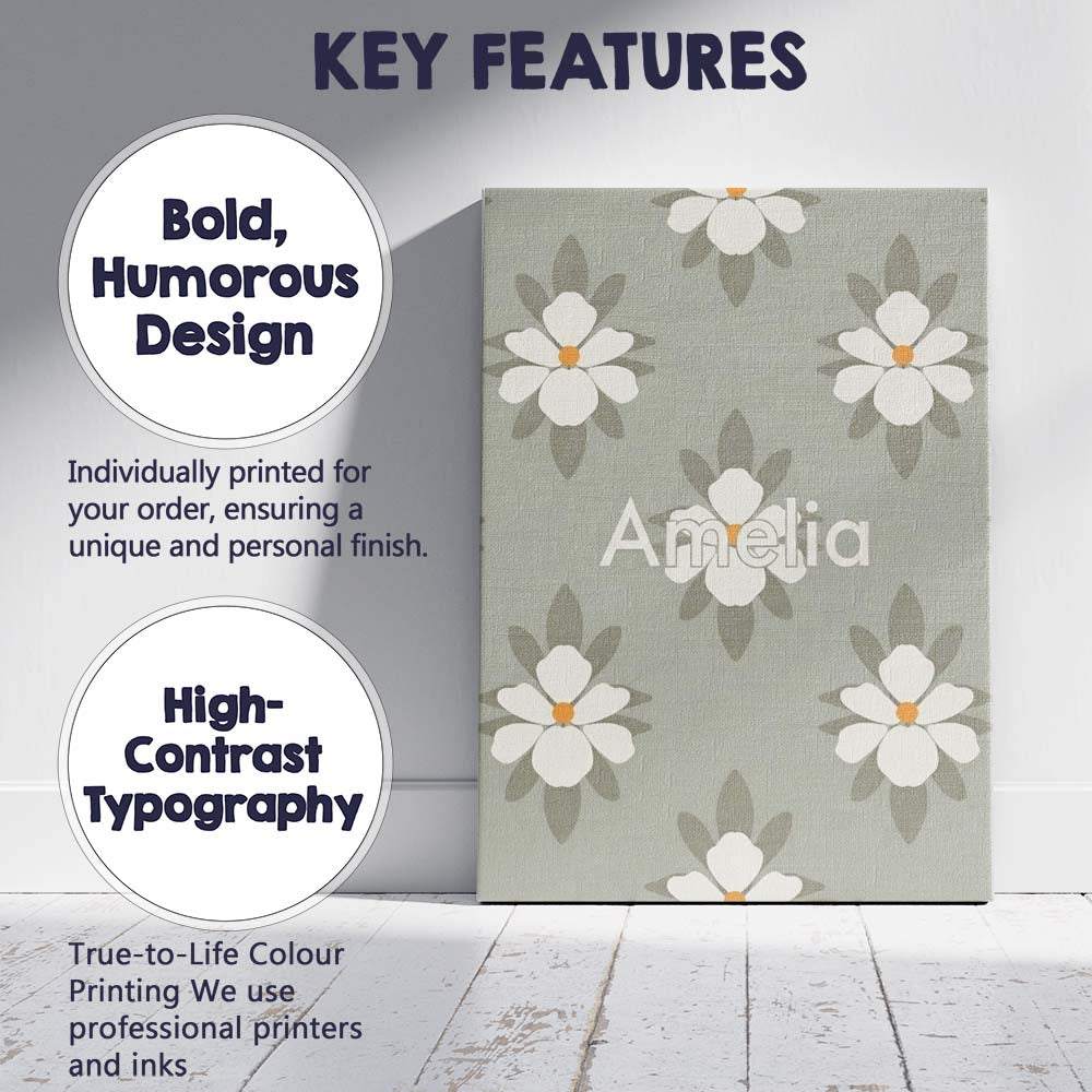 Personalised Name Neutral Daisy Floral Custom Modern Room Accent Elegant Feature Canvas Wall Art Print Decor Picture Ready to Hang